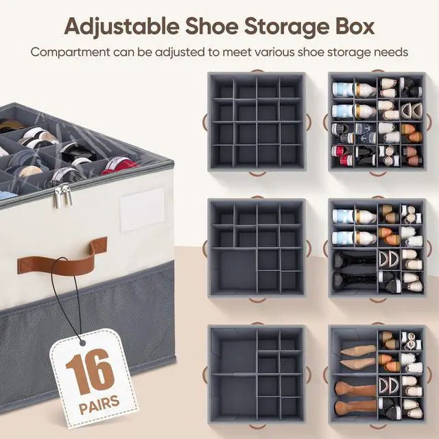 Alt view image 3 of 7 - Shoe Organizer for Closet, 1 Pack Shoe Storage Container with Adjustable Dividers, Space Saving Shoe Box Storage Organizer Bin with Clear Lid and 4 Handles, Fits 8-16 Pairs, Beige & Grey