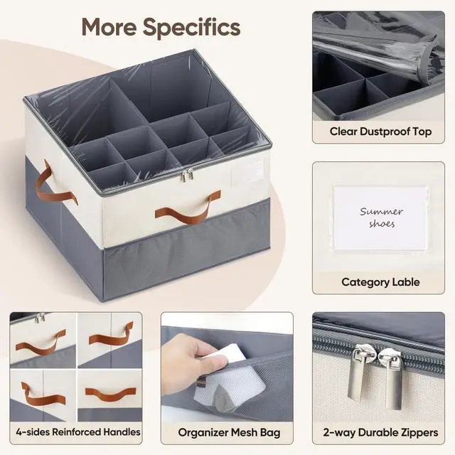 Alt view image 5 of 7 - Shoe Organizer for Closet, 1 Pack Shoe Storage Container with Adjustable Dividers, Space Saving Shoe Box Storage Organizer Bin with Clear Lid and 4 Handles, Fits 8-16 Pairs, Beige & Grey