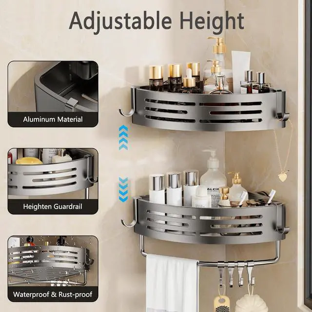 Alt view image 2 of 7 - Corner Shower Caddy, 2 Pack Aluminum Alloy Shower Shelves with Adhesive Stickers, No Drilling, Removable Organizer with Towel Bar & Hooks
