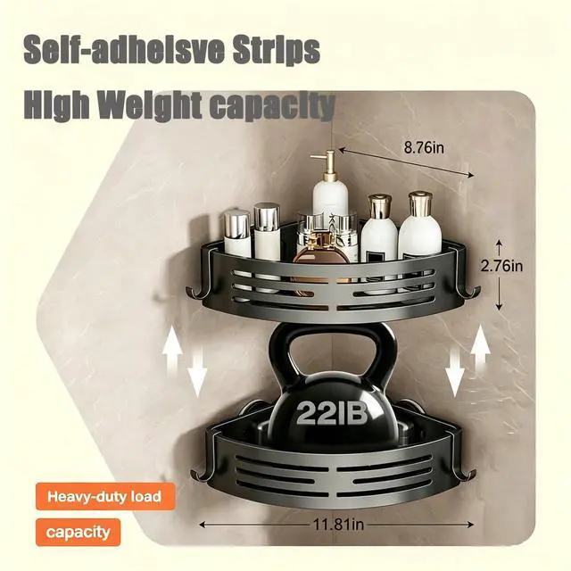 Alt view image 3 of 7 - Corner Shower Caddy, 2 Pack Aluminum Alloy Shower Shelves with Adhesive Stickers, No Drilling, Removable Organizer with Towel Bar & Hooks