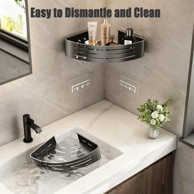 Alt view image 5 of 7 - Corner Shower Caddy, 2 Pack Aluminum Alloy Shower Shelves with Adhesive Stickers, No Drilling, Removable Organizer with Towel Bar & Hooks