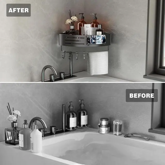 Alt view image 7 of 7 - Corner Shower Caddy, 2 Pack Aluminum Alloy Shower Shelves with Adhesive Stickers, No Drilling, Removable Organizer with Towel Bar & Hooks