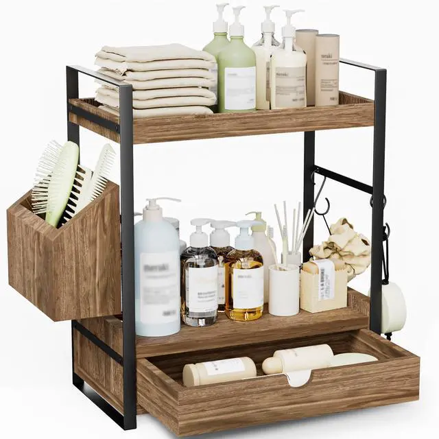 Main image of 2-Tier Bathroom Counter Organizer with Drawer and Basket, Wood Countertop Organizer for Storage, Skincare Organizers for Vanity, Counter Shelf for Bathroom Organization(Dark Brown)