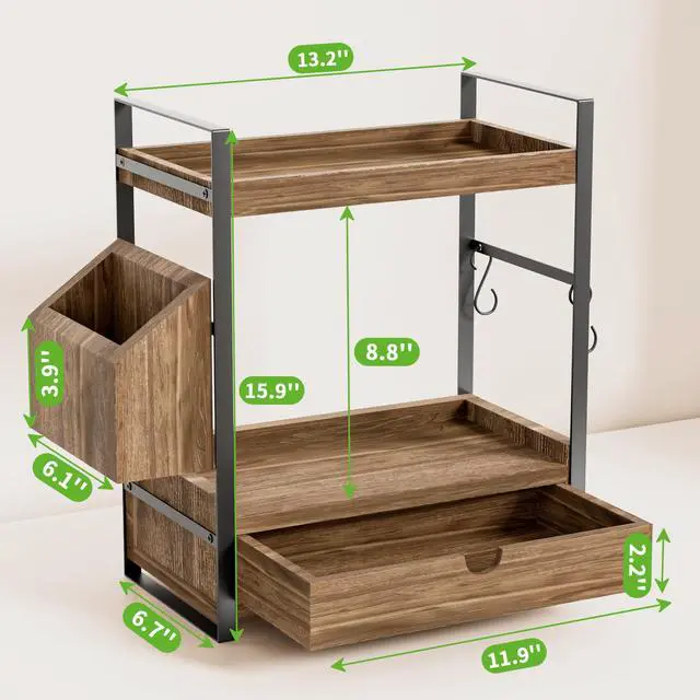 Alt view image 2 of 7 - 2-Tier Bathroom Counter Organizer with Drawer and Basket, Wood Countertop Organizer for Storage, Skincare Organizers for Vanity, Counter Shelf for Bathroom Organization(Dark Brown)