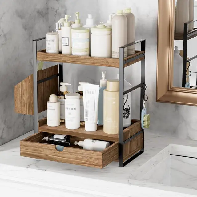 Alt view image 4 of 7 - 2-Tier Bathroom Counter Organizer with Drawer and Basket, Wood Countertop Organizer for Storage, Skincare Organizers for Vanity, Counter Shelf for Bathroom Organization(Dark Brown)