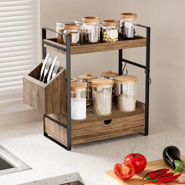 Alt view image 6 of 7 - 2-Tier Bathroom Counter Organizer with Drawer and Basket, Wood Countertop Organizer for Storage, Skincare Organizers for Vanity, Counter Shelf for Bathroom Organization(Dark Brown)