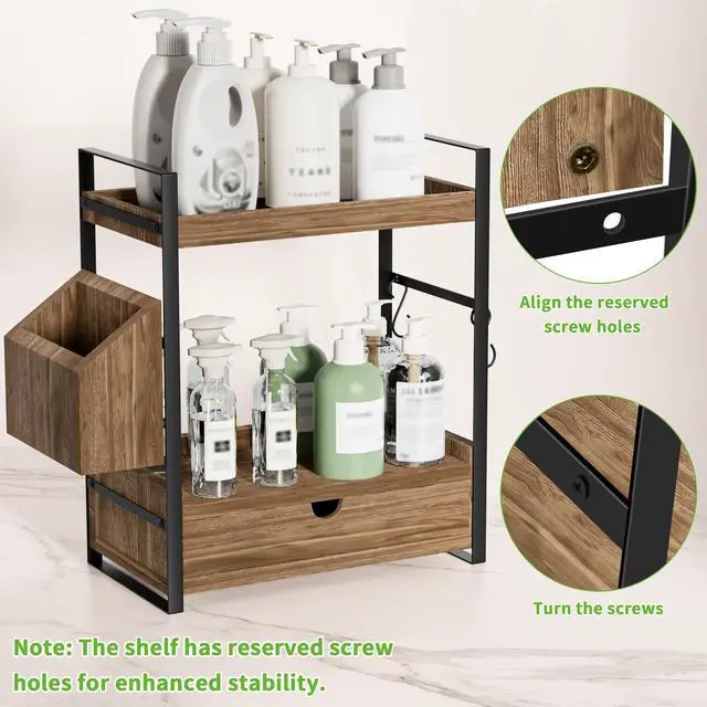 Alt view image 5 of 7 - 2-Tier Bathroom Counter Organizer with Drawer and Basket, Wood Countertop Organizer for Storage, Skincare Organizers for Vanity, Counter Shelf for Bathroom Organization(Dark Brown)