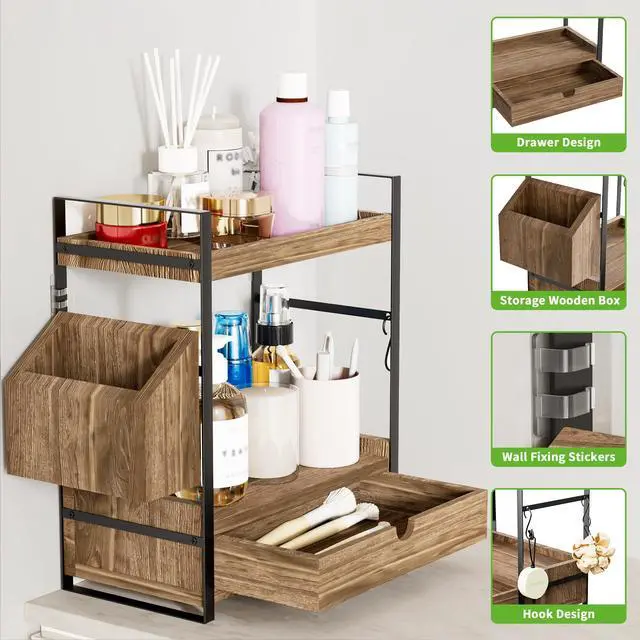 Alt view image 3 of 7 - 2-Tier Bathroom Counter Organizer with Drawer and Basket, Wood Countertop Organizer for Storage, Skincare Organizers for Vanity, Counter Shelf for Bathroom Organization(Dark Brown)