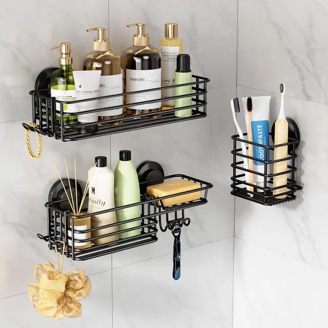 Main image of Shower Caddy Suction Cup, 3 Pack Heavy Duty Bathroom Organizer for Inside Shower with Hooks & Soap Holder, Removable Bathroom Holder, Rustproof Black Storage