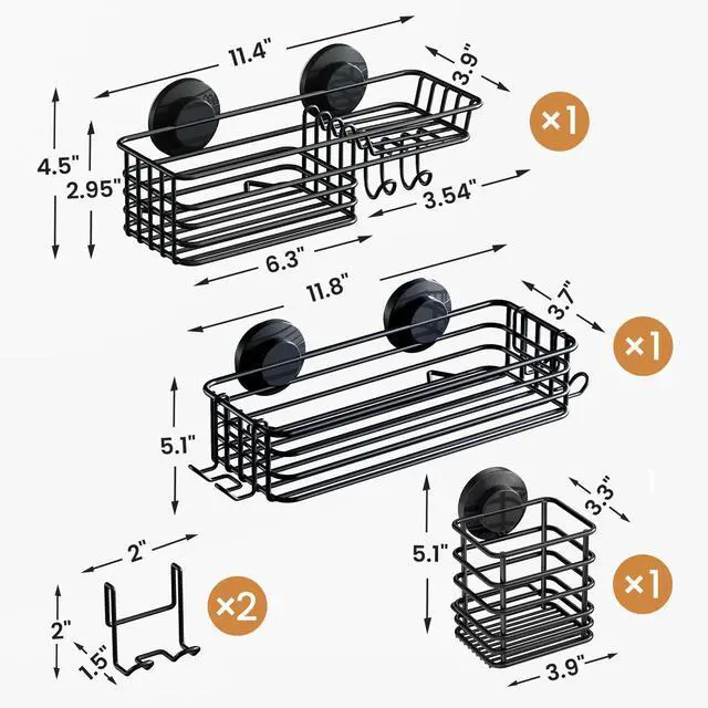 Alt view image 3 of 7 - Shower Caddy Suction Cup, 3 Pack Heavy Duty Bathroom Organizer for Inside Shower with Hooks & Soap Holder, Removable Bathroom Holder, Rustproof Black Storage