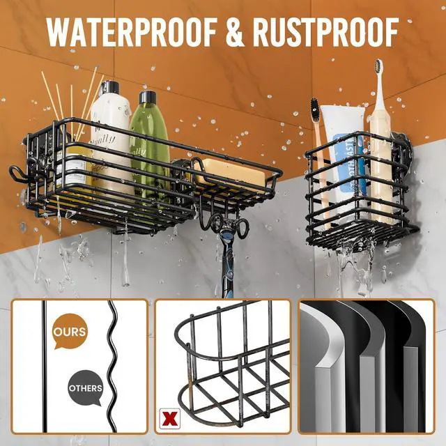 Alt view image 4 of 7 - Shower Caddy Suction Cup, 3 Pack Heavy Duty Bathroom Organizer for Inside Shower with Hooks & Soap Holder, Removable Bathroom Holder, Rustproof Black Storage