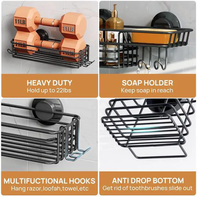 Alt view image 5 of 7 - Shower Caddy Suction Cup, 3 Pack Heavy Duty Bathroom Organizer for Inside Shower with Hooks & Soap Holder, Removable Bathroom Holder, Rustproof Black Storage