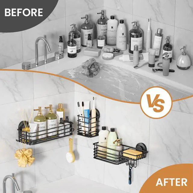 Alt view image 6 of 7 - Shower Caddy Suction Cup, 3 Pack Heavy Duty Bathroom Organizer for Inside Shower with Hooks & Soap Holder, Removable Bathroom Holder, Rustproof Black Storage