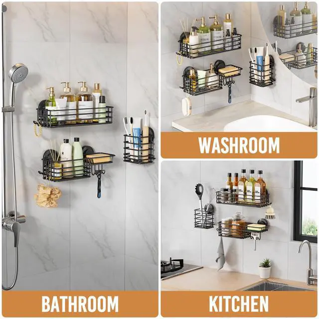 Alt view image 7 of 7 - Shower Caddy Suction Cup, 3 Pack Heavy Duty Bathroom Organizer for Inside Shower with Hooks & Soap Holder, Removable Bathroom Holder, Rustproof Black Storage