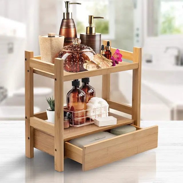 Alt view image 2 of 7 - 2-Tier Bamboo Countertop Shelf with Hidden Drawer for Vanity, Matcha Shelf, Bathroom Storage Cabinet, Under Sink Organizer, Bathroom Storage, Matcha Station Shelf (13Lx6.5Wx12.6H)
