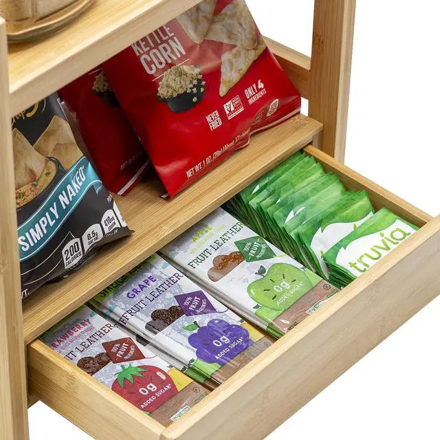 Alt view image 3 of 7 - 2-Tier Bamboo Countertop Shelf with Hidden Drawer for Vanity, Matcha Shelf, Bathroom Storage Cabinet, Under Sink Organizer, Bathroom Storage, Matcha Station Shelf (13Lx6.5Wx12.6H)