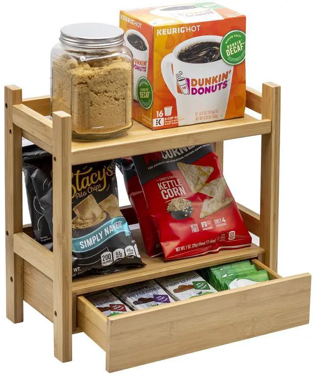 Alt view image 4 of 7 - 2-Tier Bamboo Countertop Shelf with Hidden Drawer for Vanity, Matcha Shelf, Bathroom Storage Cabinet, Under Sink Organizer, Bathroom Storage, Matcha Station Shelf (13Lx6.5Wx12.6H)