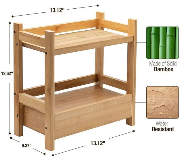 Alt view image 5 of 7 - 2-Tier Bamboo Countertop Shelf with Hidden Drawer for Vanity, Matcha Shelf, Bathroom Storage Cabinet, Under Sink Organizer, Bathroom Storage, Matcha Station Shelf (13Lx6.5Wx12.6H)