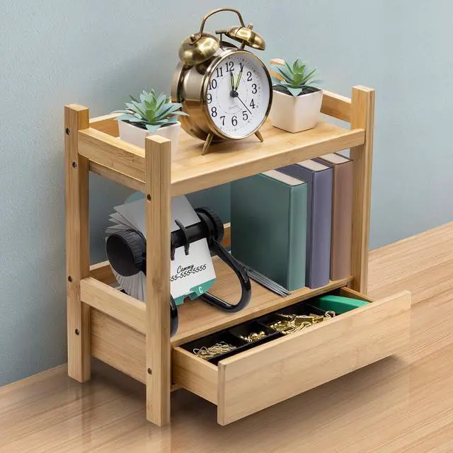 Alt view image 6 of 7 - 2-Tier Bamboo Countertop Shelf with Hidden Drawer for Vanity, Matcha Shelf, Bathroom Storage Cabinet, Under Sink Organizer, Bathroom Storage, Matcha Station Shelf (13Lx6.5Wx12.6H)