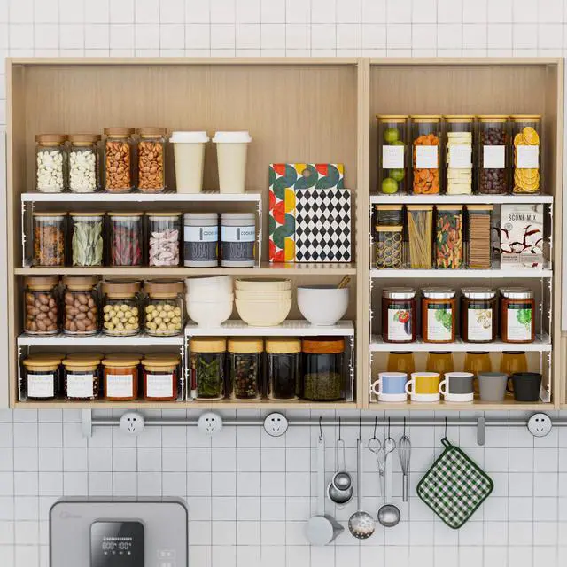 Alt view image 5 of 7 - Stackable Expandable Metal Shelf Organizer - Adjustable Wire Storage Rack with Holes for Kitchen, Bathroom, Cabinet, Office - Space Saving, Durable & Sturdy Design1PACK/Medium/White