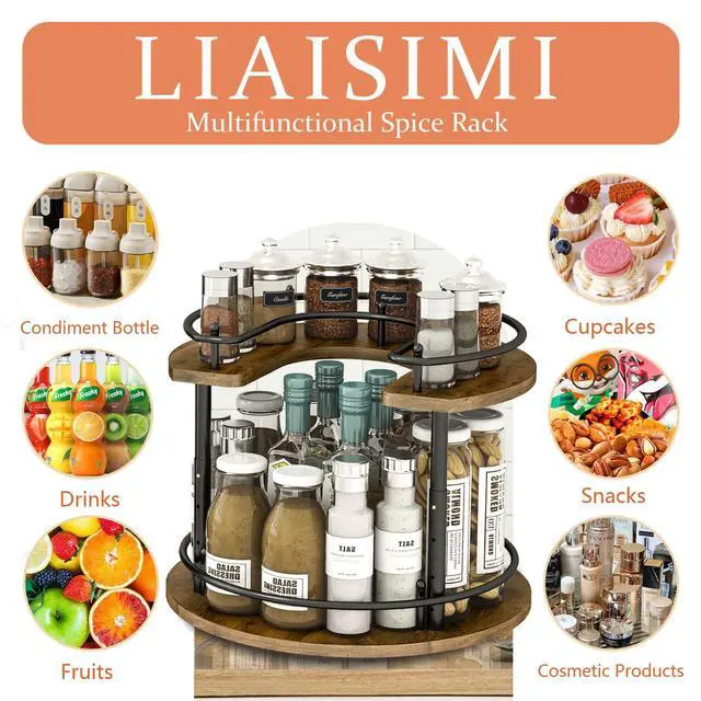 Alt view image 2 of 7 - 2 Tier Lazy Susan Organizer,2-Tier Spinning Spice Rack with Stable Carousel Base & 4 Height Settings for Cupboard Kitchen Countertop Dining Table Cupboard (Round)