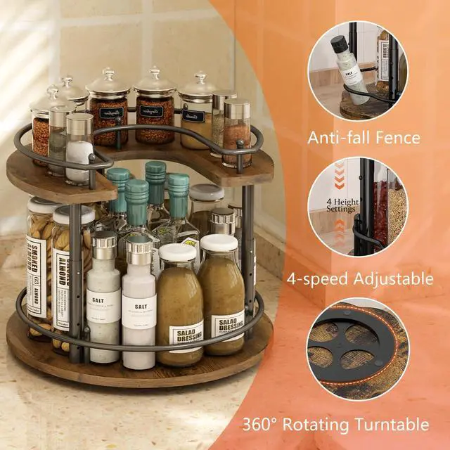 Alt view image 5 of 7 - 2 Tier Lazy Susan Organizer,2-Tier Spinning Spice Rack with Stable Carousel Base & 4 Height Settings for Cupboard Kitchen Countertop Dining Table Cupboard (Round)