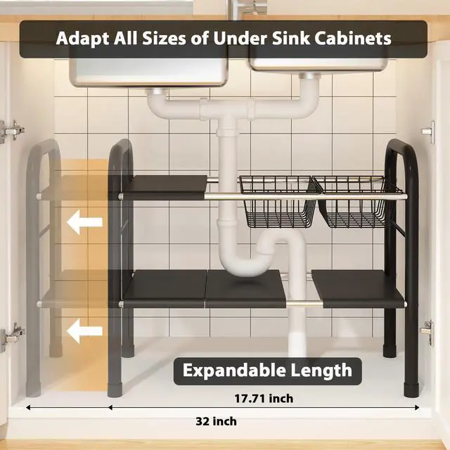 Alt view image 2 of 7 - Expandable Under Sink Organizer, 2 Tier Under Sink Shelf with 2 Removable Baskets and 6 Removable Panels for Cabinet Sink Cloakroom Wardrobe Closet Storage(Black, 17.71-32Length