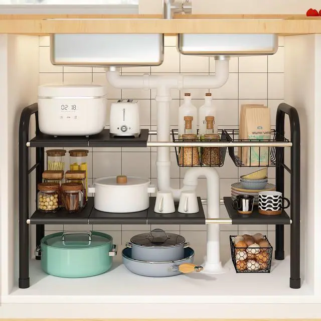 Main image of Expandable Under Sink Organizer, 2 Tier Under Sink Shelf with 2 Removable Baskets and 6 Removable Panels for Cabinet Sink Cloakroom Wardrobe Closet Storage(Black, 17.71-32Length