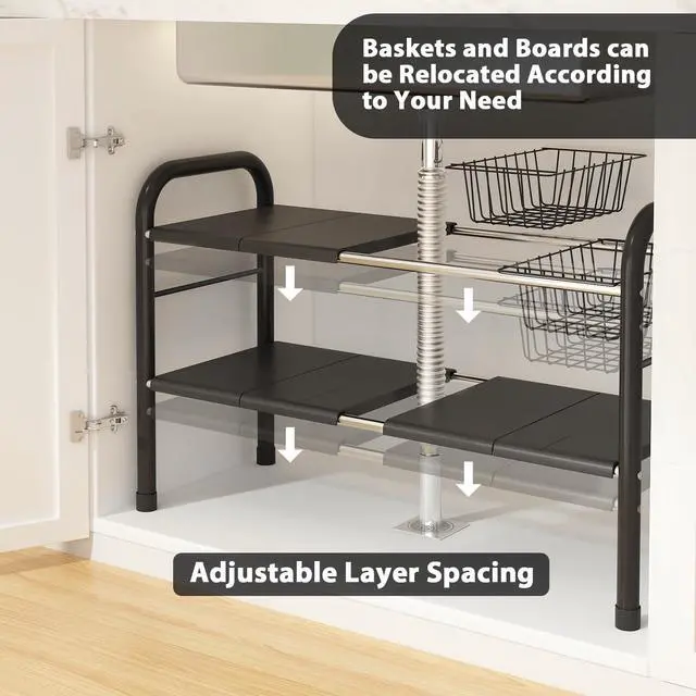 Alt view image 3 of 7 - Expandable Under Sink Organizer, 2 Tier Under Sink Shelf with 2 Removable Baskets and 6 Removable Panels for Cabinet Sink Cloakroom Wardrobe Closet Storage(Black, 17.71-32Length