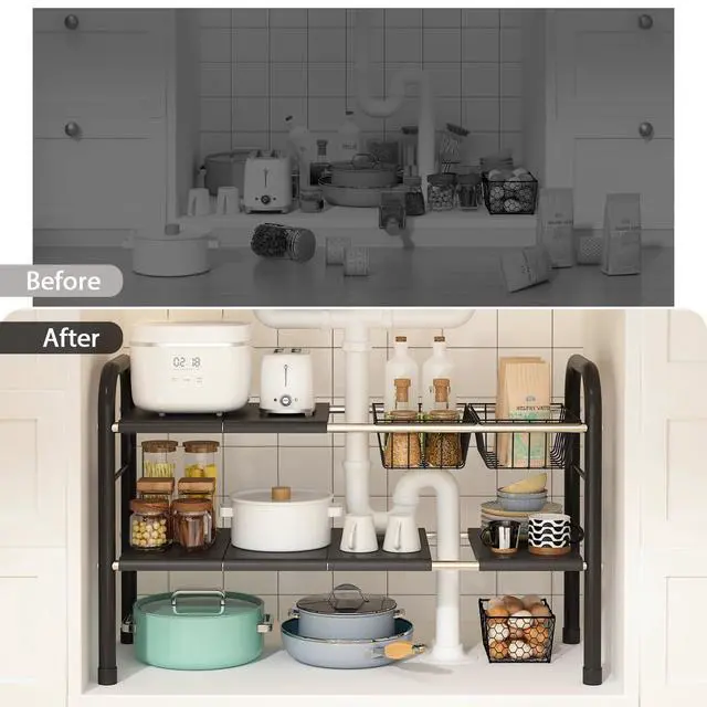 Alt view image 5 of 7 - Expandable Under Sink Organizer, 2 Tier Under Sink Shelf with 2 Removable Baskets and 6 Removable Panels for Cabinet Sink Cloakroom Wardrobe Closet Storage(Black, 17.71-32Length