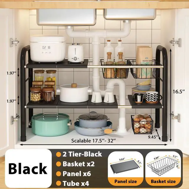 Alt view image 6 of 7 - Expandable Under Sink Organizer, 2 Tier Under Sink Shelf with 2 Removable Baskets and 6 Removable Panels for Cabinet Sink Cloakroom Wardrobe Closet Storage(Black, 17.71-32Length