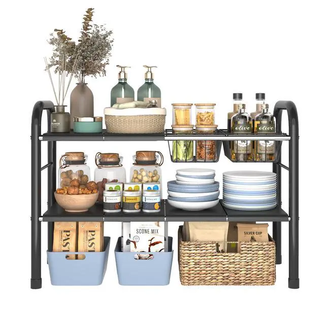 Alt view image 7 of 7 - Expandable Under Sink Organizer, 2 Tier Under Sink Shelf with 2 Removable Baskets and 6 Removable Panels for Cabinet Sink Cloakroom Wardrobe Closet Storage(Black, 17.71-32Length