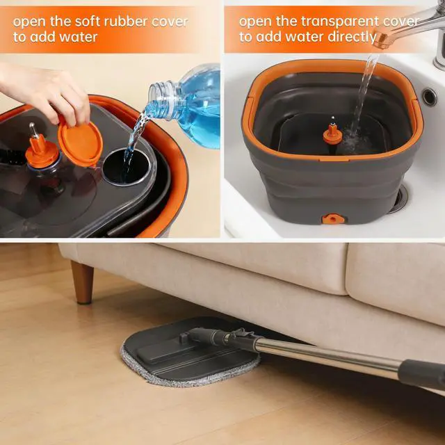 Alt view image 5 of 7 - Collapsible Mop and Bucket Set, Spin Mop with Separate Dirty and Clean Water, 6 Replaceable Mopping Pads with Foldable Handle, Deep Cleaning Mops and Buckets for Household Use Floor Cleaning