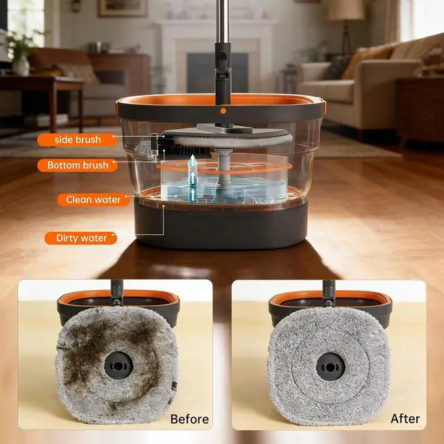 Alt view image 2 of 7 - Collapsible Mop and Bucket Set, Spin Mop with Separate Dirty and Clean Water, 6 Replaceable Mopping Pads with Foldable Handle, Deep Cleaning Mops and Buckets for Household Use Floor Cleaning