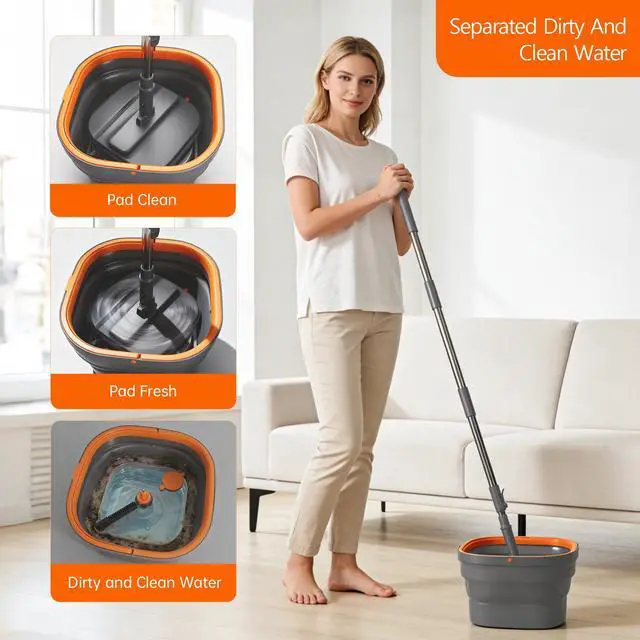 Alt view image 3 of 7 - Collapsible Mop and Bucket Set, Spin Mop with Separate Dirty and Clean Water, 6 Replaceable Mopping Pads with Foldable Handle, Deep Cleaning Mops and Buckets for Household Use Floor Cleaning