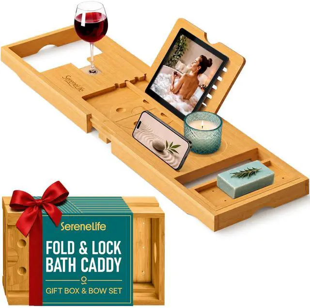 Main image of Premium Bathtub Tray Caddy, Expandable Bath Tray, Unique House Warming Gifts, Gift for Mom, Women, New Home, Wedding, Anniversary, Bridal Shower, Universal Fit for All Tub