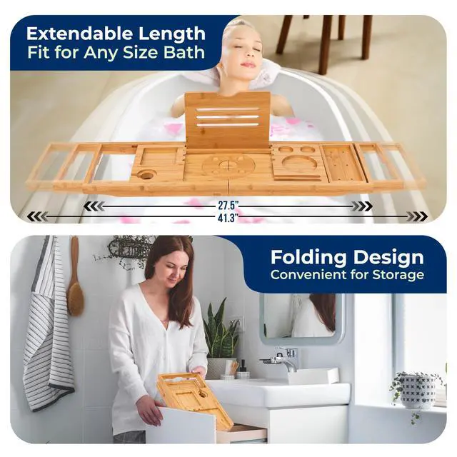 Alt view image 3 of 7 - Premium Bathtub Tray Caddy, Expandable Bath Tray, Unique House Warming Gifts, Gift for Mom, Women, New Home, Wedding, Anniversary, Bridal Shower, Universal Fit for All Tub