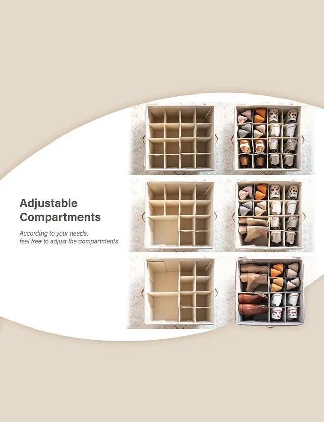 Alt view image 4 of 7 - Shoe Organizer for Closet, Fits up to 24 Pairs, Shoe Cubby Storage Containers with Adjustable Dividers and Clear Cover, Grey