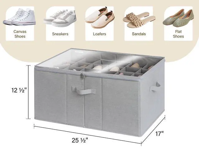 Alt view image 3 of 7 - Shoe Organizer for Closet, Fits up to 24 Pairs, Shoe Cubby Storage Containers with Adjustable Dividers and Clear Cover, Grey