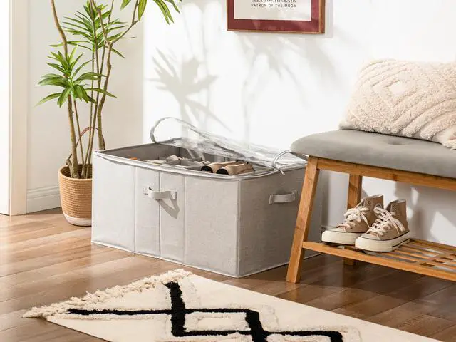 Alt view image 2 of 7 - Shoe Organizer for Closet, Fits up to 24 Pairs, Shoe Cubby Storage Containers with Adjustable Dividers and Clear Cover, Grey