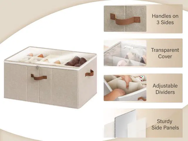 Alt view image 4 of 7 - Shoe Organizer for Closet, Fits up to 24 Pairs, Shoe Cubby Storage Containers with Adjustable Dividers and Clear Cover, Taupe