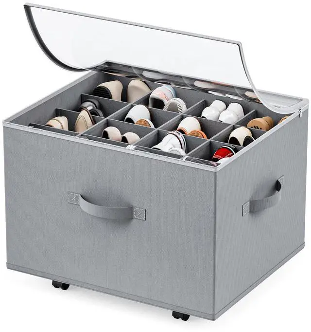 Main image of Shoe Organizer for Closet, Shoe Storage Organizer with Wheels, Foldable Shoe Storage Box with Adjustable Dividers and Clear Cover, Reinforced Handles, Fits up to 16 Pairs, Gray