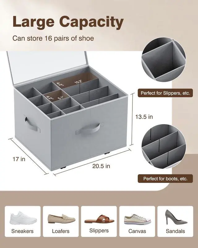 Alt view image 2 of 7 - Shoe Organizer for Closet, Shoe Storage Organizer with Wheels, Foldable Shoe Storage Box with Adjustable Dividers and Clear Cover, Reinforced Handles, Fits up to 16 Pairs, Gray