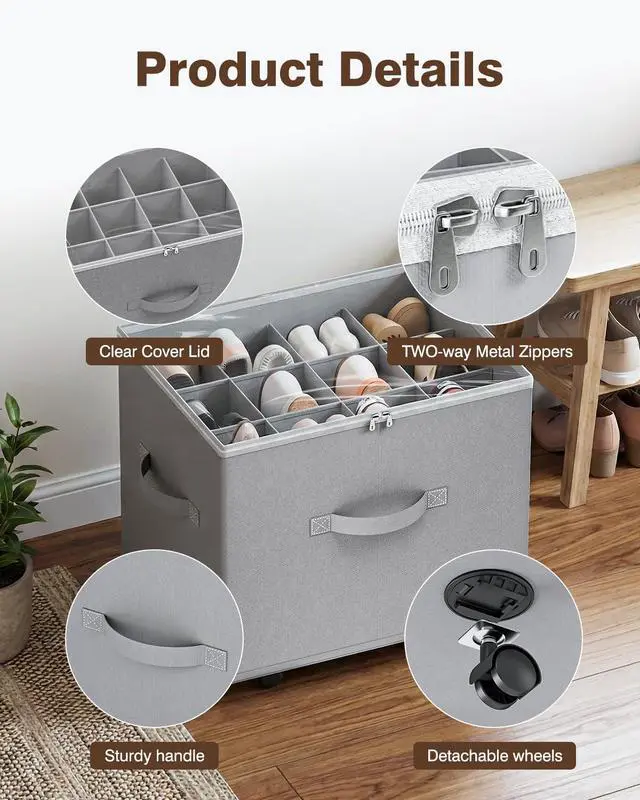 Alt view image 4 of 7 - Shoe Organizer for Closet, Shoe Storage Organizer with Wheels, Foldable Shoe Storage Box with Adjustable Dividers and Clear Cover, Reinforced Handles, Fits up to 16 Pairs, Gray