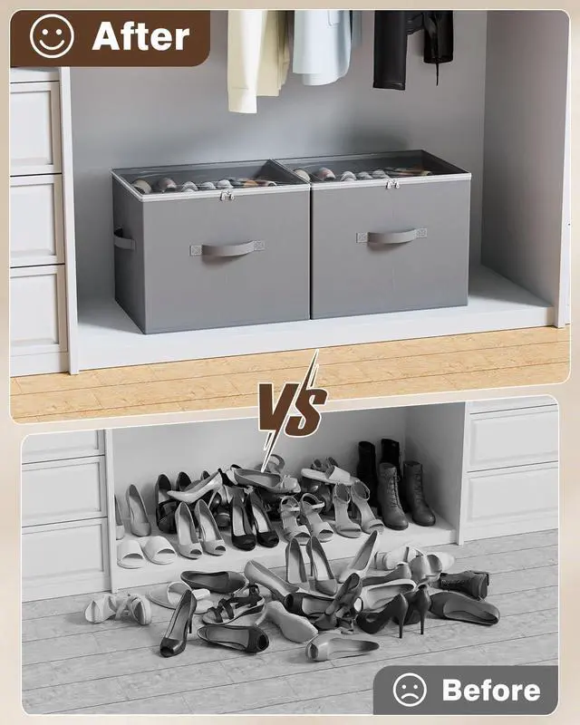 Alt view image 7 of 7 - Shoe Organizer for Closet, Shoe Storage Organizer with Wheels, Foldable Shoe Storage Box with Adjustable Dividers and Clear Cover, Reinforced Handles, Fits up to 16 Pairs, Gray