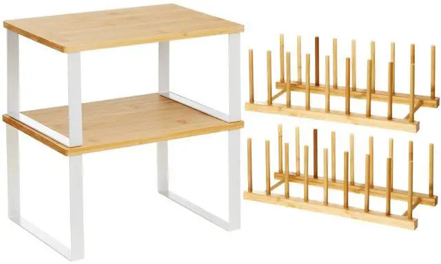 Main image of 4 Pcs Kitchen Organizer Accessories Set Cabinet Organizer Shelf and Bamboo Dish Drying Plate Rack Counter Shelves Storage Holder for Spice Rack, Dish, Pot Lid, Bowl, Cup(Wooden Color)