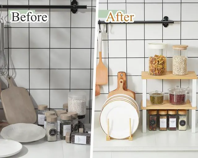 Alt view image 3 of 7 - 4 Pcs Kitchen Organizer Accessories Set Cabinet Organizer Shelf and Bamboo Dish Drying Plate Rack Counter Shelves Storage Holder for Spice Rack, Dish, Pot Lid, Bowl, Cup(Wooden Color)