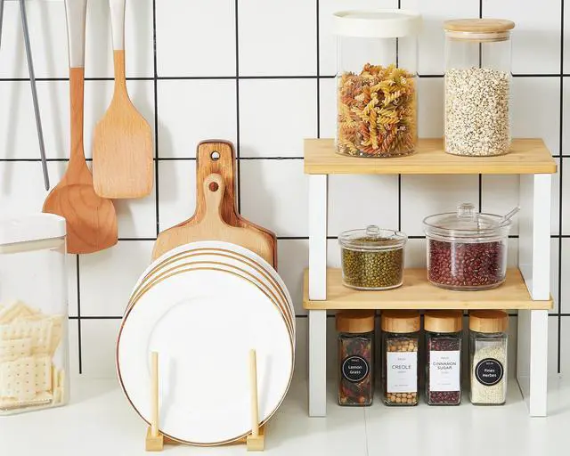 Alt view image 5 of 7 - 4 Pcs Kitchen Organizer Accessories Set Cabinet Organizer Shelf and Bamboo Dish Drying Plate Rack Counter Shelves Storage Holder for Spice Rack, Dish, Pot Lid, Bowl, Cup(Wooden Color)