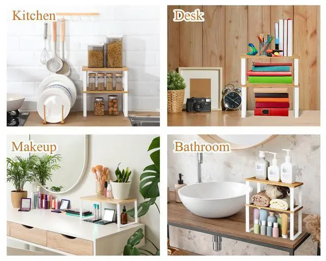 Alt view image 7 of 7 - 4 Pcs Kitchen Organizer Accessories Set Cabinet Organizer Shelf and Bamboo Dish Drying Plate Rack Counter Shelves Storage Holder for Spice Rack, Dish, Pot Lid, Bowl, Cup(Wooden Color)
