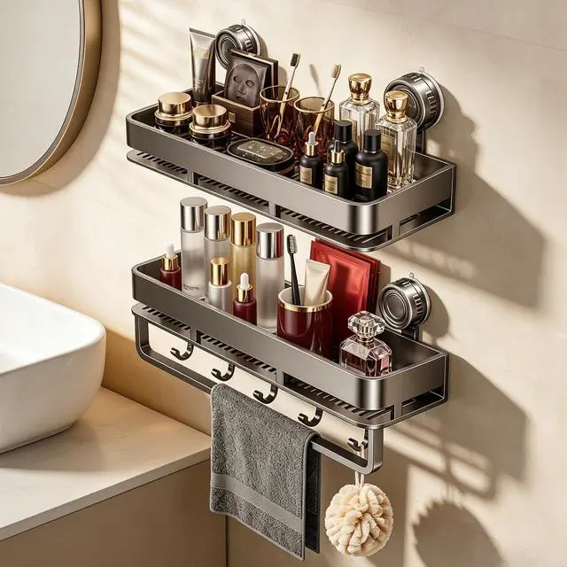 Main image of Suction Cup Shower Caddy, No Drilling Rectangular Shelf for Inside Shower, Heavy Duty Carbon Steel Bathroom Organizer Storage Rack with Towel Bar & Hooks, Rust-Resistant (Grey,2-Pack)